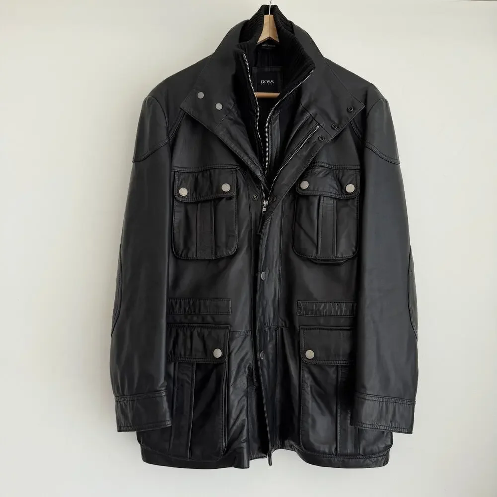 Hugo Boss Leather Jacket Men 38R Black Goatskin Military Field Biker Safari Coat - Picture 1 of 12